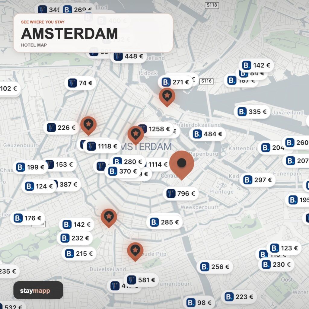 Amsterdam hotel map with visible Stay22 price markers by StayMapp
