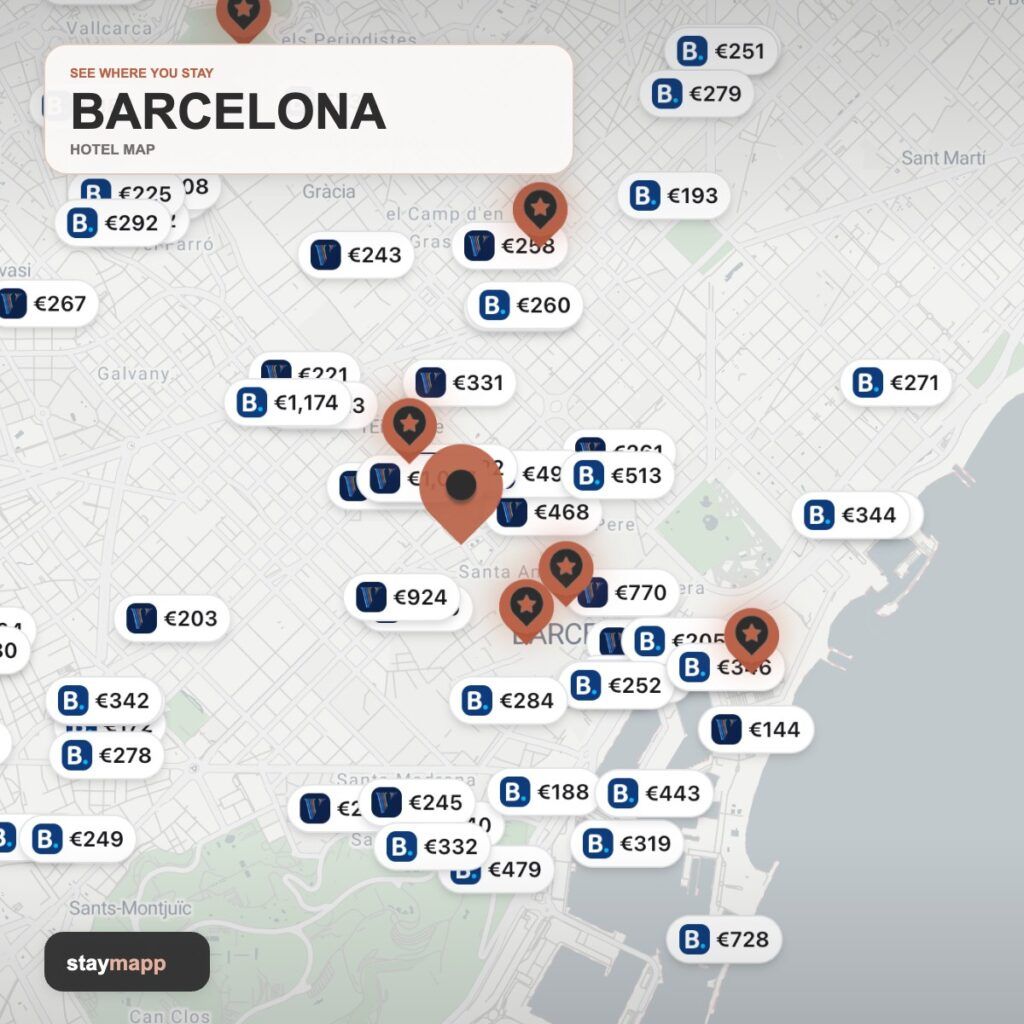 Barcelona hotel map with visible Stay22 price markers by StayMapp