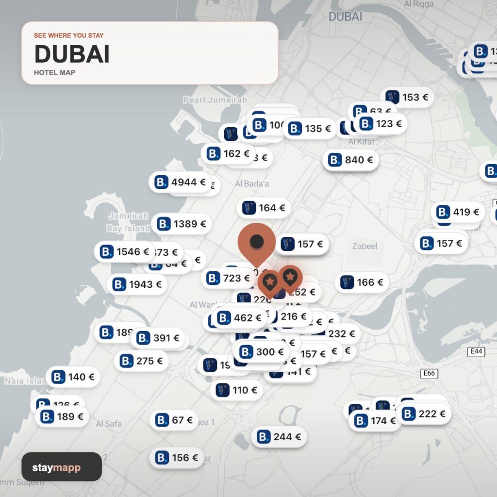 Dubai hotel map with visible Stay22 price markers by StayMapp