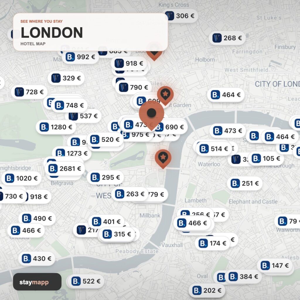 London hotel map with visible Stay22 price markers by StayMapp