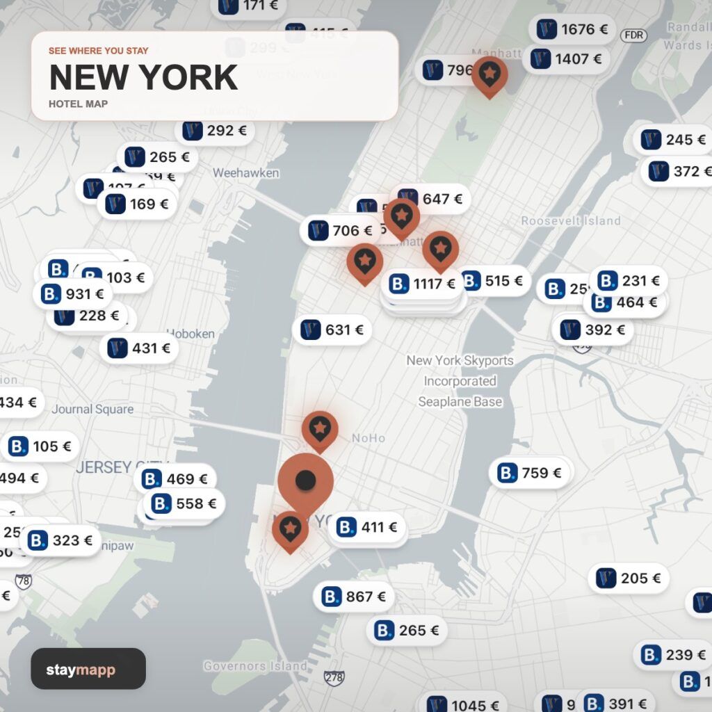 New York hotel map with visible Stay22 price markers by StayMapp
