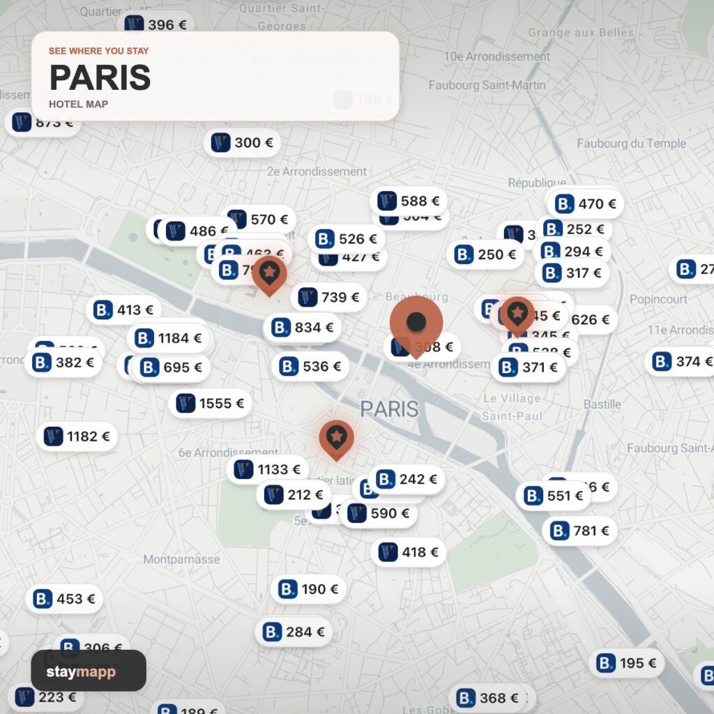 Paris hotel map with visible Stay22 price markers by StayMapp